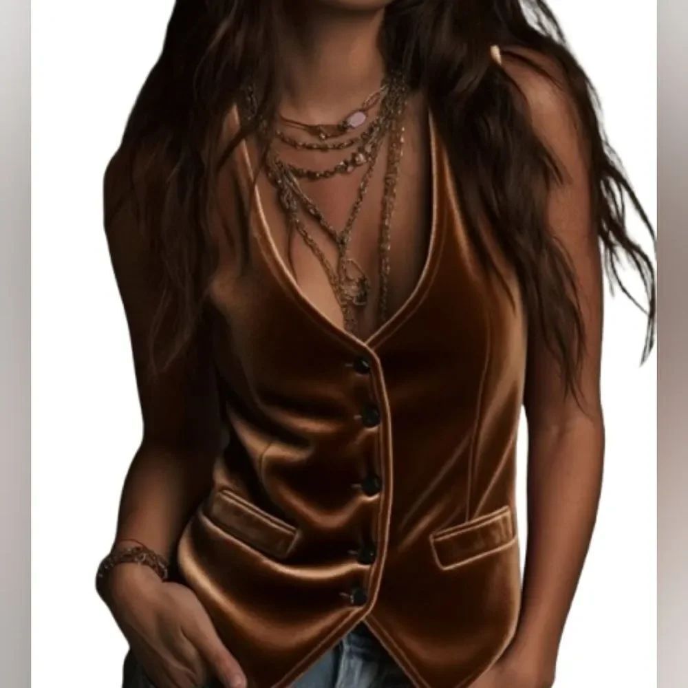 Stylish Velveteen Brown Button-Up Vest